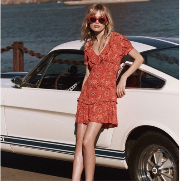 Spell & The Gypsy Celestial Red Floral Ruffle Mini Dress XS - Picture 2 of 10